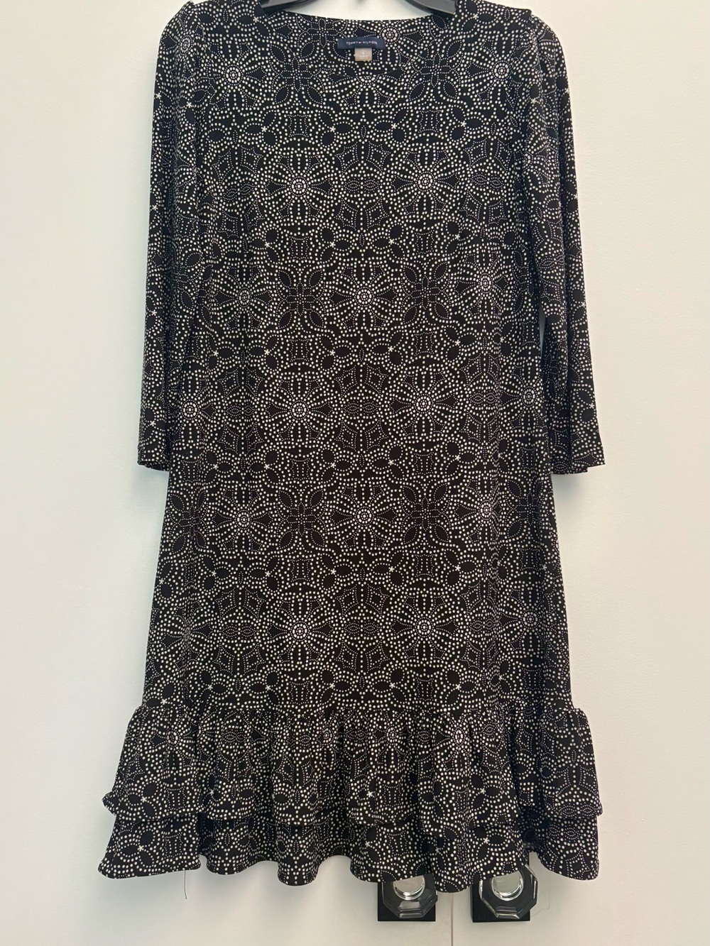 Tommy Hilfiger Black and White Dot-Pattern Long Sleeve Ruffle Hem Dress